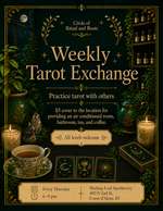 Weekly Tarot Exchange poster, every Thursday 6 to 9 pm at Healing Leaf Apothecary in Coeur d'Alene